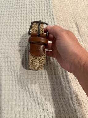 Original Penguin Men's Braided Stretch Belt with Leather Trim Beige